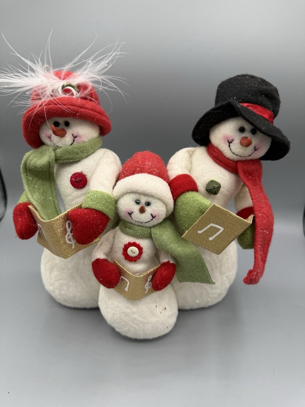 Christmas Snowman Carolers Plush Trio Holiday Decor 10” Red Green Winter Display